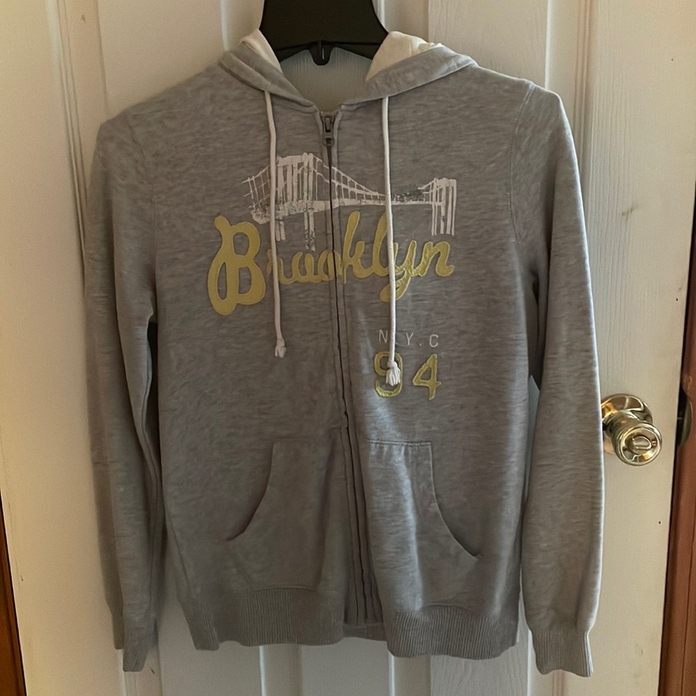 Old Navy small Brooklyn gray and yellow zip up hoodie sweatshirt